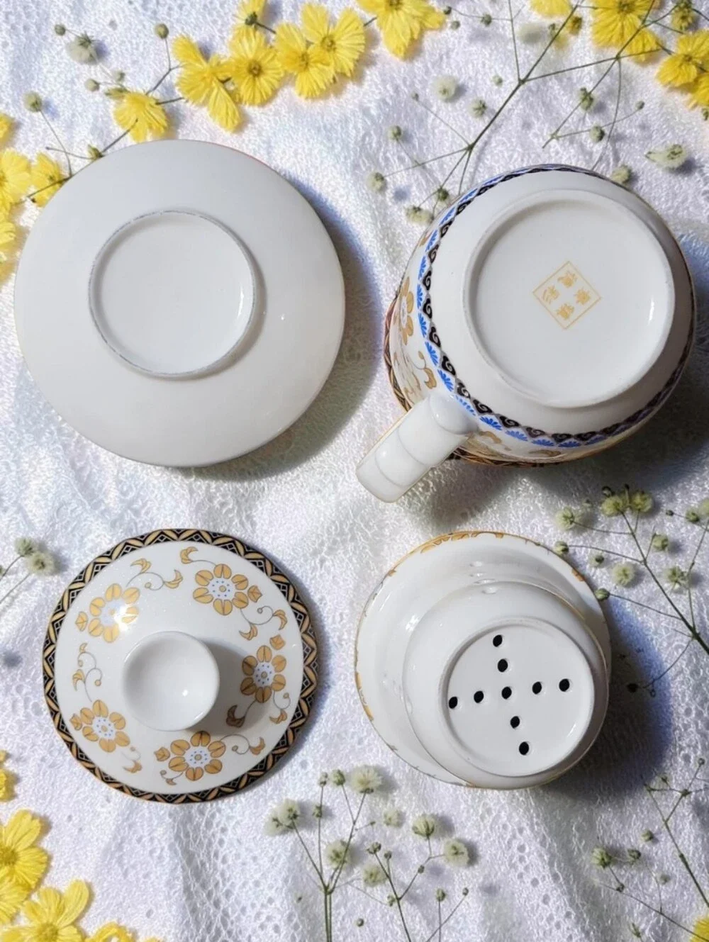 NIB Jingdezhen Porcelain Loose Leaf Tea Cup Infuser Lid Saucer 4 Pc Set 12 Oz